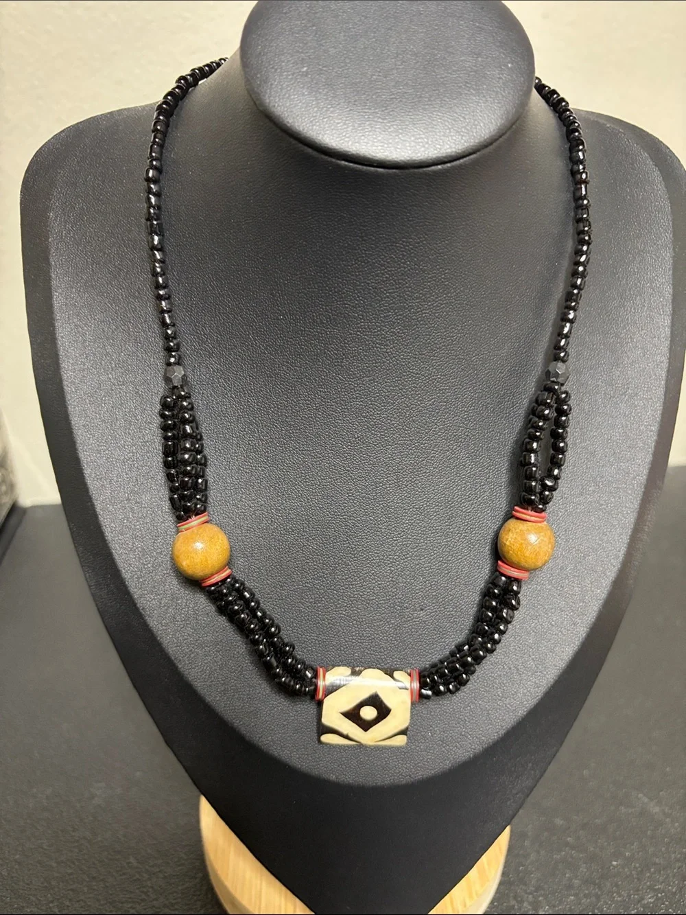 Vintage Black Glass Beaded Bone Pendant Boho Artisan Necklace